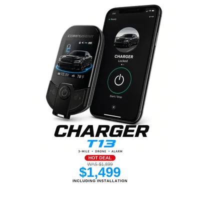 Dodge Charger con Compustar T13: Alcance de 3 millas, App DroneMobile, Alarma. Oferta $1,499 con instalación incluida, antes $1,899