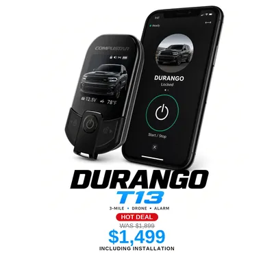 Dodge Durango con Compustar T13: Alcance de 3 millas, App DroneMobile, Alarma. Oferta $1,499 con instalación incluida, antes $1,899