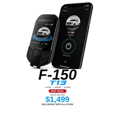 Ford F-150 con Compustar T13: Alcance de 3 millas, App DroneMobile, Alarma. Oferta $1,499 con instalación incluida, antes $1,899