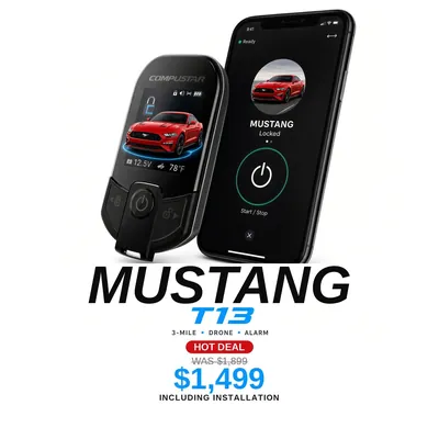 Ford Mustang con Compustar T13: Alcance de 3 millas, App DroneMobile, Alarma. Oferta $1,499 con instalación incluida, antes $1,899