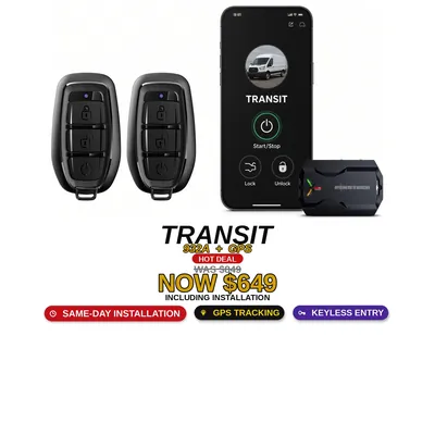 Ford Transit con Compustar 932A + GPS: Arranque remoto, Rastreo GPS, Entrada sin llave. Oferta $649 con instalación incluida, antes $849