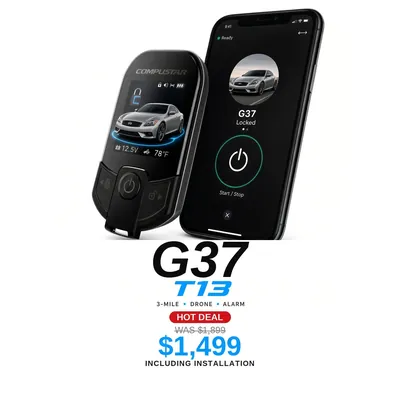 Infiniti G37 con Compustar T13: Alcance de 3 millas, App DroneMobile, Alarma. Oferta $1,499 con instalación incluida, antes $1,899
