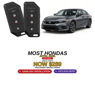Casi todos los Honda con Avital 3103L: Alarma de 1 vía, Entrada sin llave, Dos controles. Oferta $289 con instalación incluida, antes $379