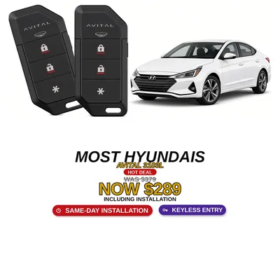 Casi todos los Hyundai con Avital 3103L: Alarma de 1 vía, Entrada sin llave, Dos controles. Oferta $289 con instalación incluida, antes $379