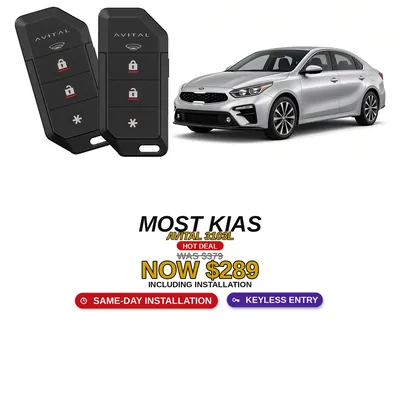 Casi todos los Kia con Avital 3103L: Alarma de 1 vía, Entrada sin llave, Dos controles. Oferta $289 con instalación incluida, antes $379