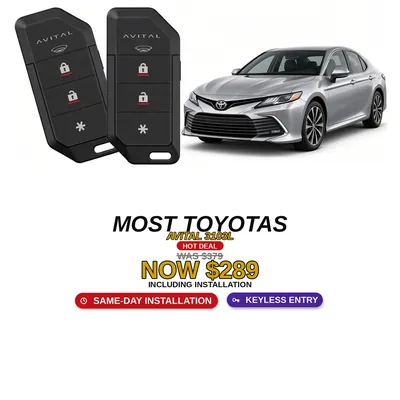 Casi todos los Toyota con Avital 3103L: Alarma de 1 vía, Entrada sin llave, Dos controles. Oferta $289 con instalación incluida, antes $379