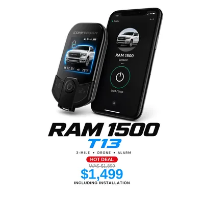 Ram 1500 with the Compustar T13: 3-mile range, DroneMobile app, Alarm. Hot deal $1,499 including installation, was $1,899
