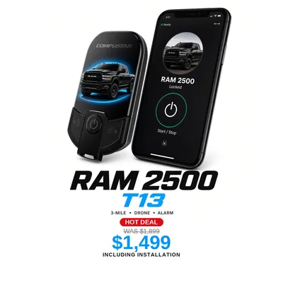 Ram 2500 with the Compustar T13: 3-mile range, DroneMobile app, Alarm. Hot deal $1,499 including installation, was $1,899
