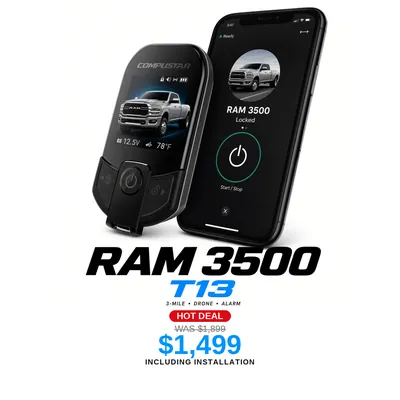 Ram 3500 with the Compustar T13: 3-mile range, DroneMobile app, Alarm. Hot deal $1,499 including installation, was $1,899