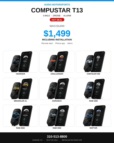 Volante de oferta Compustar T13: 3 millas, DroneMobile, alarma, $1,499 con instalación incluida, antes $1,899