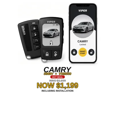 Toyota Camry con Viper 5908V + VSM550: Control LCD de 2 vías, App SmartStart, Alarma. Oferta $1,199 con instalación incluida, antes $1,699