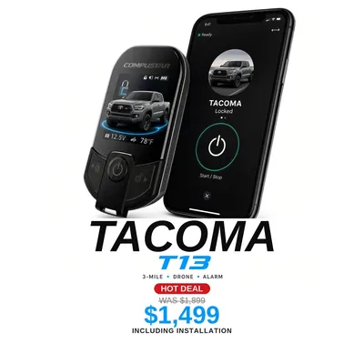 Toyota Tacoma con Compustar T13: Alcance de 3 millas, App DroneMobile, Alarma. Oferta $1,499 con instalación incluida, antes $1,899