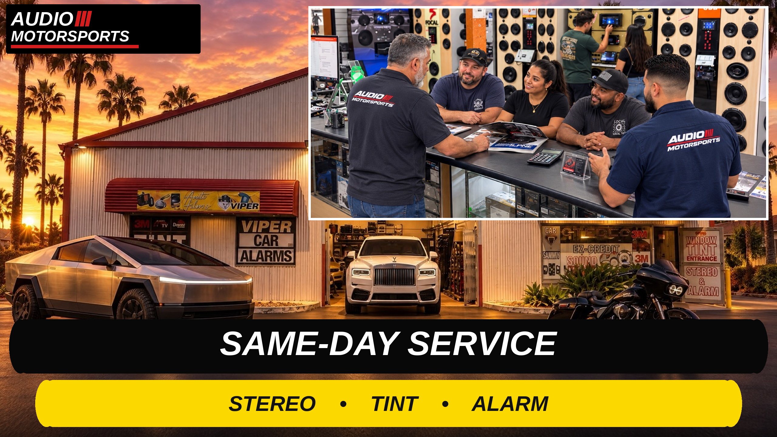 El equipo de Audio MotorSports en el mostrador, frente al taller en Carson