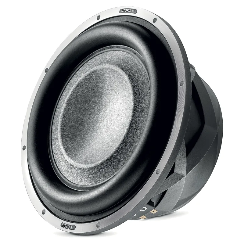 Focal Utopia M SUB 10 WM 10-inch subwoofer in three-quarter view, with the silver Utopia M ring and a gray cone