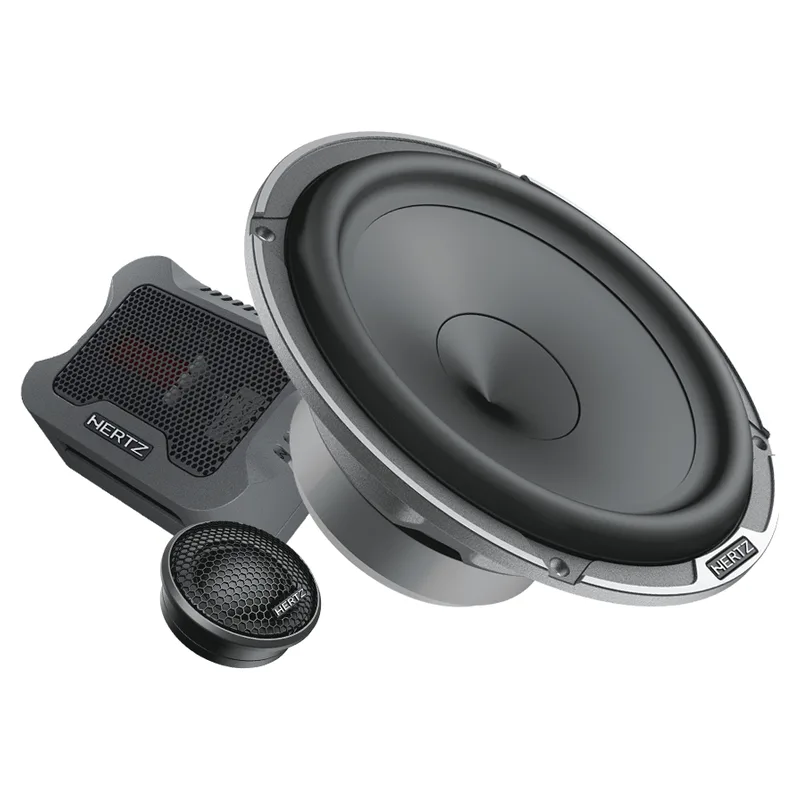 Hertz Mille PRO MPK 165.3 component set: a 6.5-inch woofer, an external crossover box and a tweeter on white
