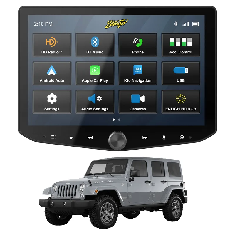 Stinger HEIGH10+ 10-inch Radio Kit for Jeep Wrangler, official product photo, sold and installed at Audio MotorSports in Carson