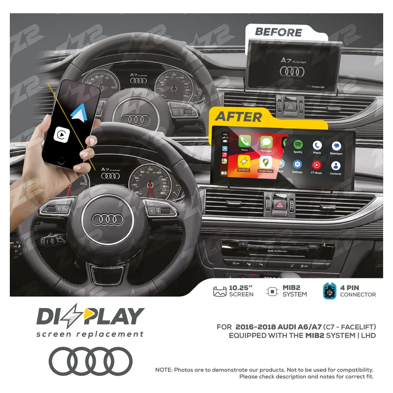 ZZ-2 DZZ-MIB2-A6-C7FL-10-LHD 10.25-inch DIZZPLAY Screen for 2015–2018 Audi A6/A7 (C7 facelift) MIB2, official product photo, sold and installed at Audio MotorSports in Carson
