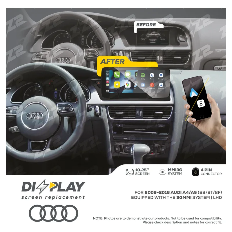 ZZ-2 DZZ-MMI3G-A4-A5-B8-10-LHD 10.25-inch DIZZPLAY Screen for 2009–2016 Audi A4/S4/A5/S5 (B8/8T/8F) 3G MMI, official product photo, sold and installed at Audio MotorSports in Carson