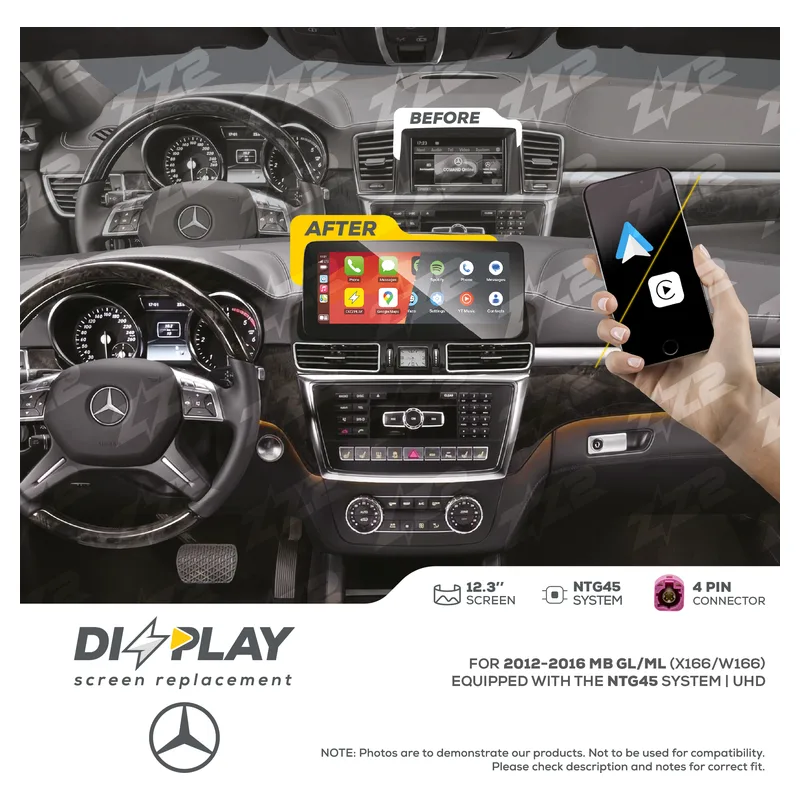 ZZ-2 DZZ-NTG45-GL-ML-XW166-12-UHD 12.3-inch DIZZPLAY Screen for 2012–2016 Mercedes-Benz GL/ML (X166/W166) NTG4.5, official product photo, sold and installed at Audio MotorSports in Carson