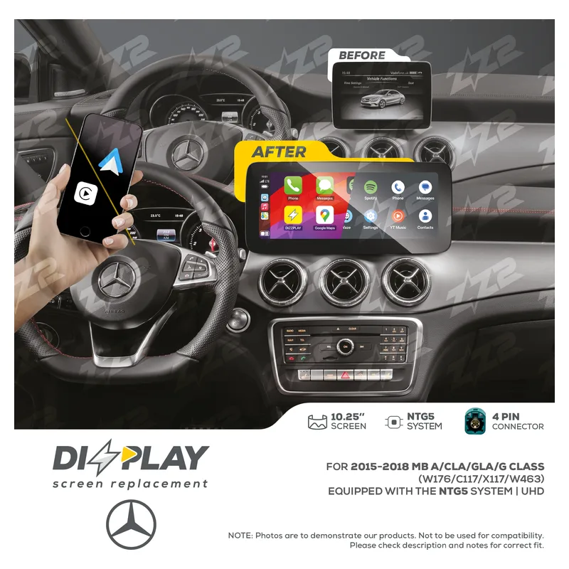 ZZ-2 DZZ-NTG5-A-CLA-GLA-G-10-UHD 10.25-inch DIZZPLAY Screen for 2015–2018 Mercedes-Benz A/CLA/GLA/G-Class (W176/C117/X117/W463) NTG5, official product photo, sold and installed at Audio MotorSports in Carson