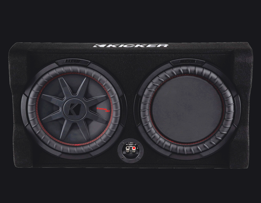 Dual Kicker 10 inch fire-down subwoofer enclosure in a Ford truck