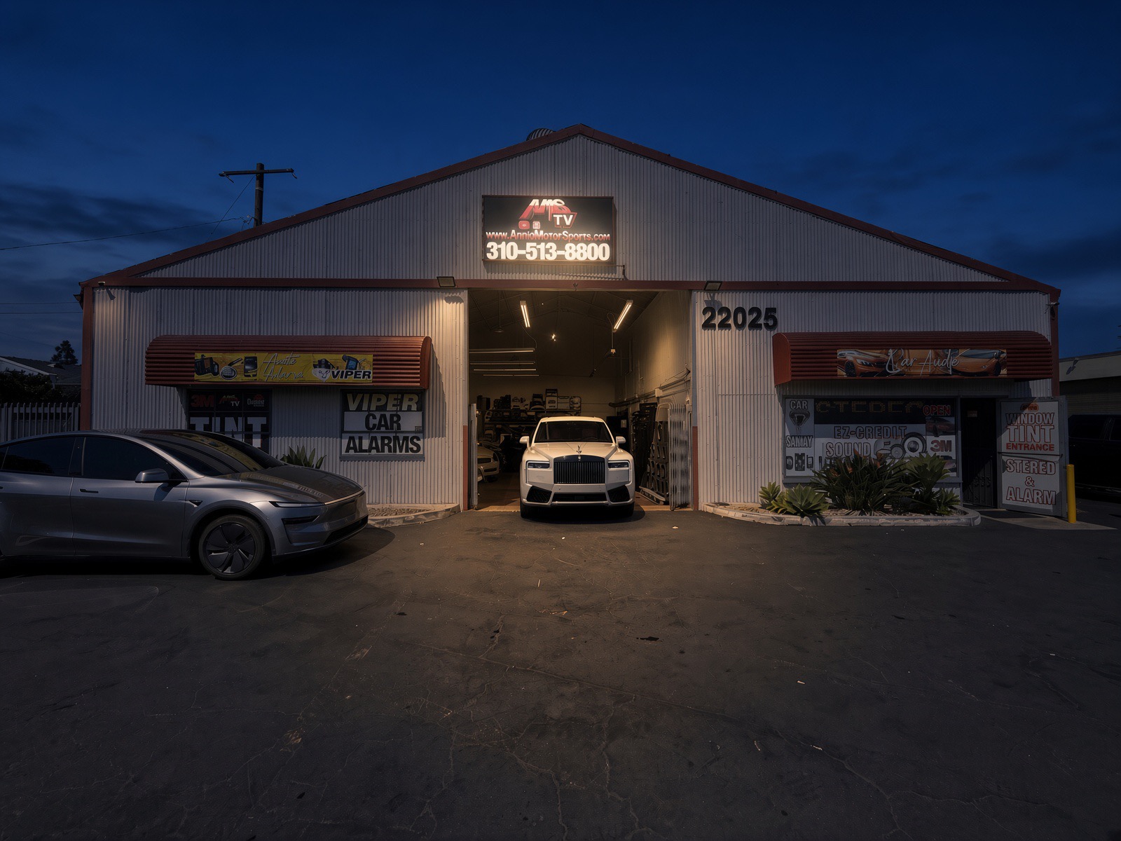 Audio MotorSports shop at dusk